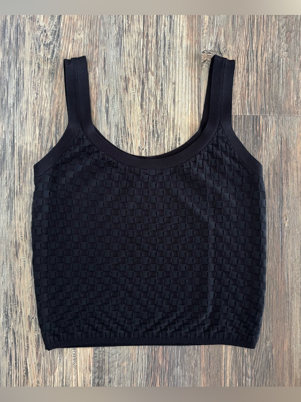 Aemi + Co Scoop Neck Wide Strap Checkered Textured Knit Tank Top Womens L Black